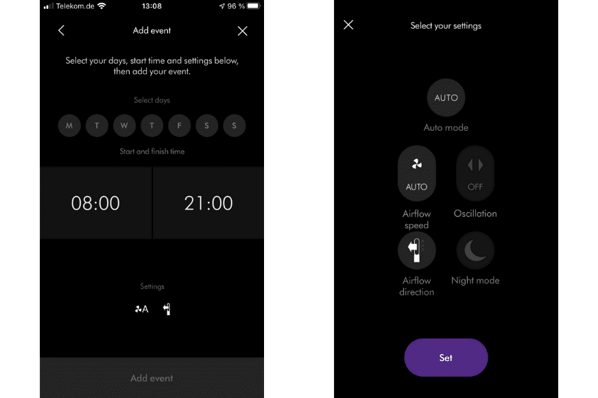 In der Dyson Link App kann man Tag, Uhrzeit und Funktionen für den Dyson Luftreiniger festlegen.
